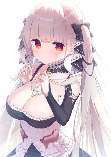 Anime picture 1302x1842 with azur lane formidable (azur lane) kiramarukou single long hair tall image blush fringe breasts light erotic simple background red eyes white background twintails cleavage silver hair upper body blunt bangs huge breasts shaded face