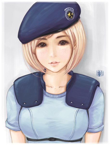 Anime-Bild 1795x2362 mit resident evil jill valentine sweetsoupman single tall image looking at viewer highres short hair blonde hair black eyes girl beret