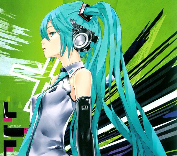 Anime picture 2747x2425 with vocaloid vocaloid append hatsune miku hatsune miku (append) redjuice long hair highres profile aqua eyes aqua hair green background girl detached sleeves