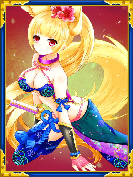 Anime picture 2900x3850 with original yuiyuimoe single long hair tall image highres breasts light erotic blonde hair red eyes animal ears ponytail traditional clothes hair flower girl hair ornament weapon sword katana