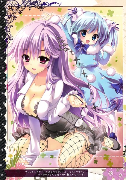 Anime picture 2458x3500 with prismatic world (artbook) shiramori yuse long hair tall image blush highres short hair open mouth blue eyes light erotic red eyes multiple girls blue hair cleavage purple hair scan loli pantyshot girl thighhighs