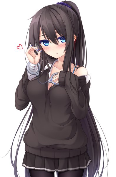 Anime picture 985x1500 with original yoye (pastel white) single tall image looking at viewer blush fringe breasts blue eyes black hair simple background hair between eyes standing cleavage ponytail very long hair nail polish fingernails off shoulder piercing