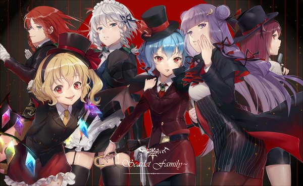 Anime picture 2212x1357 with touhou flandre scarlet remilia scarlet izayoi sakuya patchouli knowledge hong meiling koakuma ekita xuan long hair looking at viewer fringe highres short hair breasts open mouth blue eyes blonde hair smile hair between eyes red eyes