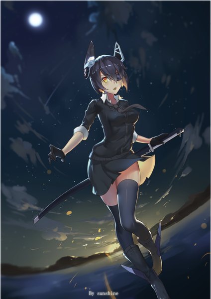 Anime picture 2480x3507 with kantai collection tenryuu light cruiser sunshine (1638509769) single tall image fringe highres short hair open mouth black hair hair between eyes holding signed yellow eyes looking away cloud (clouds) full body sunlight night zettai ryouiki