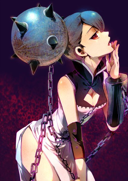 Anime picture 1500x2118 with original moss (xieyun0322) single tall image short hair open mouth red eyes brown hair blue hair profile orange eyes dark background girl weapon chain mace