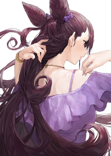 Anime picture 1000x1403 with fate (series) fate/grand order murasaki shikibu (fate) modare single long hair tall image blush fringe breasts simple background hair between eyes brown hair white background purple eyes bare shoulders looking away upper body nail polish parted lips