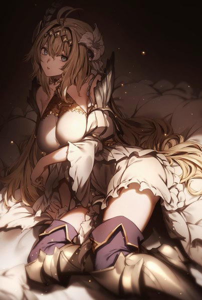 Anime picture 1400x2083 with granblue fantasy jeanne d'arc (granblue fantasy) kyouya (mukuro238) single long hair tall image looking at viewer fringe breasts blue eyes light erotic blonde hair hair between eyes sitting bare shoulders ahoge parted lips hair flower from above wide sleeves