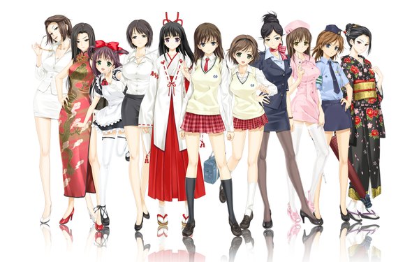 Anime picture 1920x1200 with zettai shougeki platonic heart zettai shougeki iseshima aya honma natsume daimonji emi hiroishi rin suma azusa daimonji saki kazuki miko long hair highres short hair black hair brown hair wide image japanese clothes maid chinese clothes miko nurse