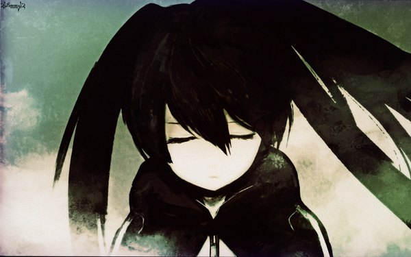 Anime picture 1680x1050 with black rock shooter black rock shooter (character) kuroi mato 21emmz12 (artist) single long hair black hair wide image twintails signed eyes closed face girl cape