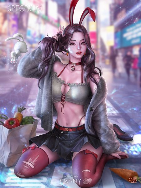 Anime picture 3000x4000 with original yam spectrum long hair tall image looking at viewer highres breasts open mouth light erotic red eyes brown hair sitting signed animal ears arm up lips blurry realistic open jacket midriff
