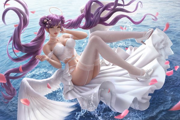 Anime picture 6000x4000 with original wickellia single long hair looking at viewer fringe highres breasts light erotic large breasts purple eyes signed absurdres purple hair full body bent knee (knees) outdoors blunt bangs wind realistic