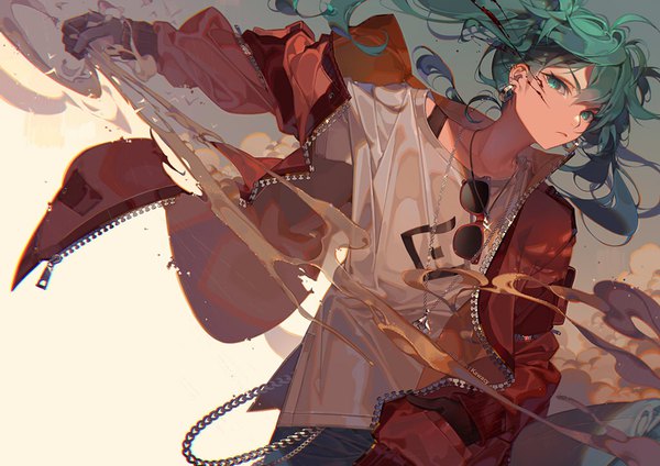 Anime picture 1024x724 with vocaloid suna no wakusei (vocaloid) hatsune miku kawacy single long hair looking at viewer fringe twintails signed ahoge aqua eyes aqua hair open jacket outstretched arm flat chest blood on face injury dust sunglasses removed