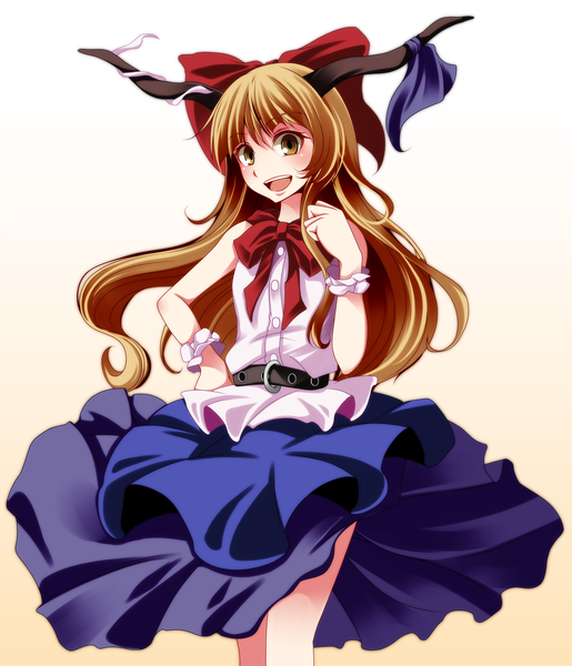 Anime picture 2143x2500 with touhou ibuki suika s-syogo single long hair tall image highres open mouth brown hair brown eyes horn (horns) girl dress bow hair bow bowtie