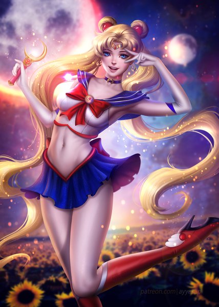 Anime picture 2857x4000 with bishoujo senshi sailor moon toei animation tsukino usagi sailor moon ayyasap single tall image highres open mouth blue eyes light erotic blonde hair smile standing twintails holding signed bent knee (knees) very long hair pleated skirt