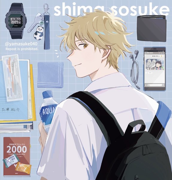 Anime picture 1300x1357 with skip to loafer p.a. works asahi (company) mitsuya cider shima sousuke yamasuke single tall image looking at viewer fringe short hair blonde hair hair between eyes yellow eyes upper body looking back from behind character names boy food