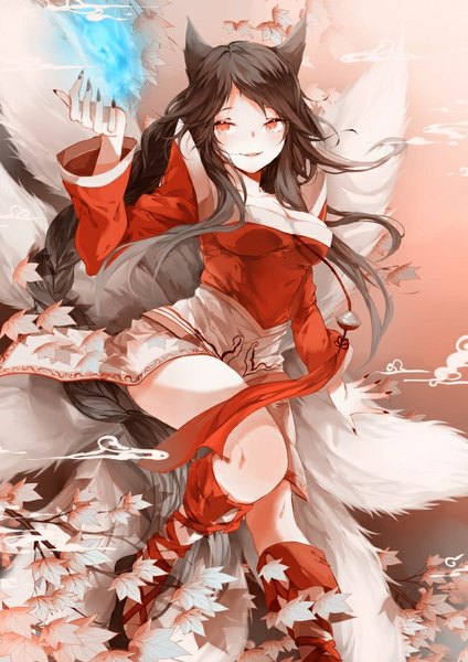 Anime picture 652x923 with league of legends ahri (league of legends) koyuiko single tall image blush black hair smile red eyes animal ears looking away tail braid (braids) very long hair nail polish animal tail fingernails fox ears magic single braid