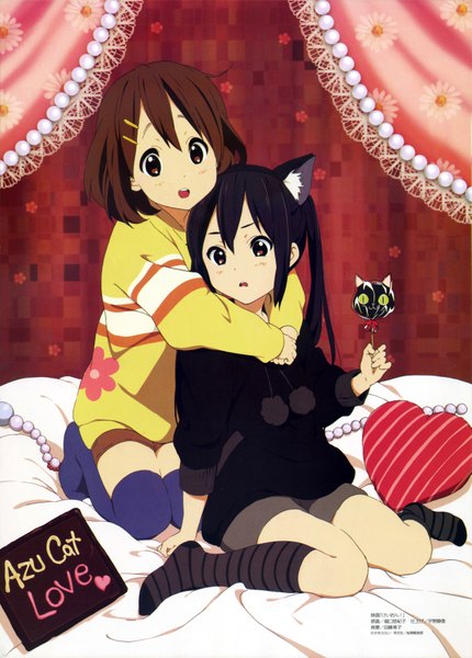 Anime picture 5009x6989 with k-on! kyoto animation megami magazine hirasawa yui nakano azusa long hair tall image highres short hair black hair brown hair multiple girls brown eyes animal ears absurdres cat ears official art cat girl girl thighhighs