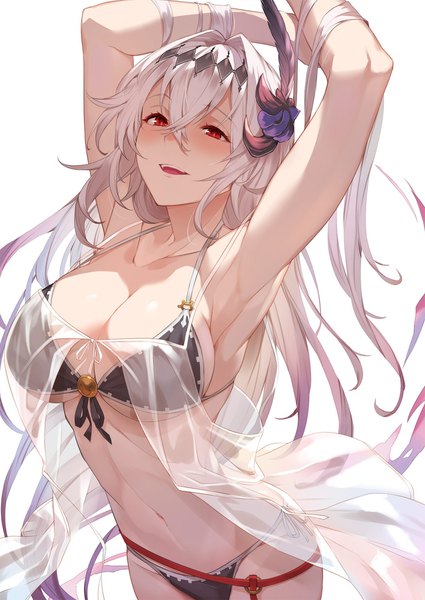 Anime picture 1416x2000 with shingeki no bahamut granblue fantasy jeanne d'arc (granblue fantasy) dark jeanne kakage single tall image blush fringe breasts open mouth light erotic simple background smile hair between eyes red eyes large breasts standing white background bare shoulders