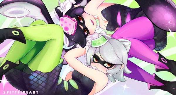 イラスト 1993x1080 と スプラトゥーン nintendo aori (splatoon) hotaru (splatoon) callie (splatoon) marie (splatoon) あえ 長髪 カメラ目線 赤面 highres 短い髪 おっぱい 笑顔 wide image multiple girls purple hair grey hair ほくろ orange eyes