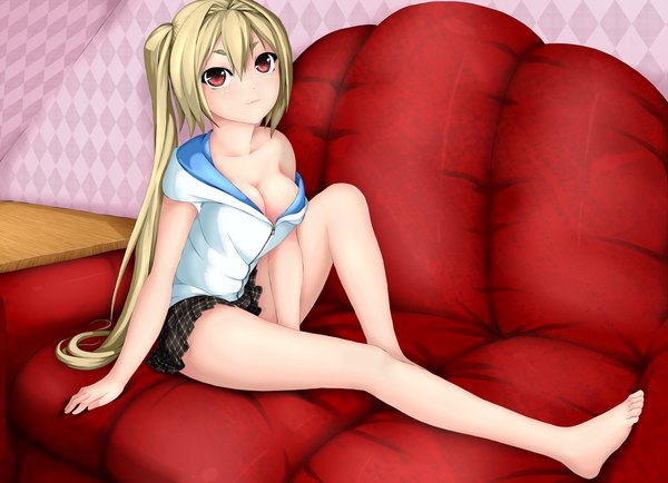 Anime picture 1500x1085 with original ayase tamaki single long hair breasts light erotic blonde hair red eyes ponytail barefoot legs girl miniskirt couch