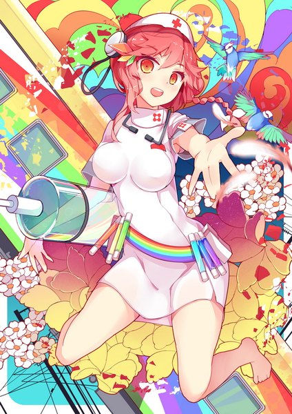 Anime picture 620x877 with original rain lan single tall image looking at viewer fringe short hair breasts open mouth light erotic smile hair between eyes large breasts bent knee (knees) red hair lying braid (braids) barefoot from above orange hair