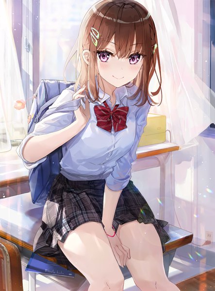 Anime picture 762x1030 with original fuumi (radial engine) single tall image looking at viewer blush fringe short hair breasts smile hair between eyes brown hair sitting holding payot bent knee (knees) indoors pleated skirt pink eyes sunlight