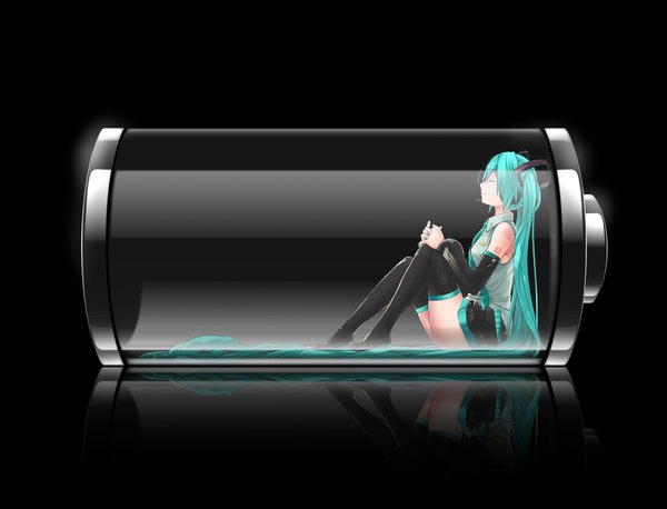 Anime picture 1700x1300 with vocaloid hatsune miku nanaku teiru single simple background twintails eyes closed very long hair profile aqua hair black background girl detached sleeves miniskirt headphones thigh boots battery