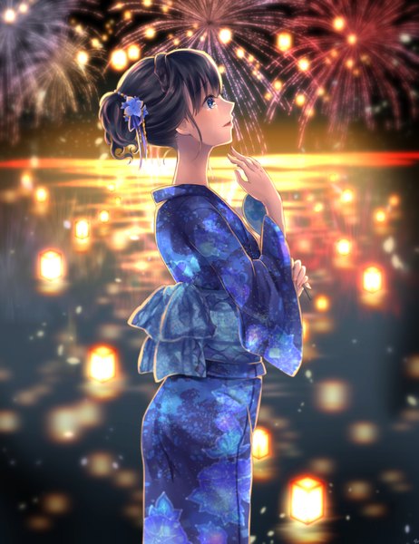 Anime picture 770x1000 with original karo karo single tall image blue eyes black hair looking away traditional clothes japanese clothes night fireworks girl kimono
