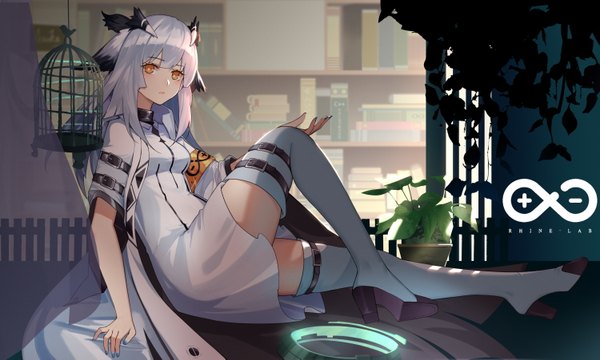 Anime picture 3000x1801 with arknights ptilopsis (arknights) hymxiaocyan single long hair looking at viewer blush fringe highres breasts wide image sitting animal ears payot silver hair bent knee (knees) indoors blunt bangs nail polish fingernails