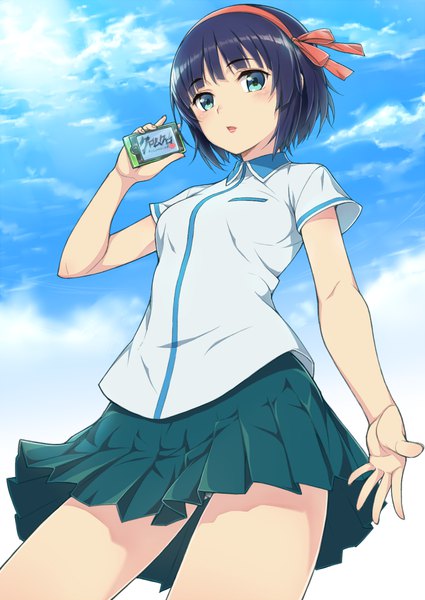 Anime picture 708x1000 with kuromukuro p.a. works shirahane yukina komase (jkp423) single tall image looking at viewer blush short hair blue eyes black hair standing sky cloud (clouds) outdoors pleated skirt from below girl skirt uniform