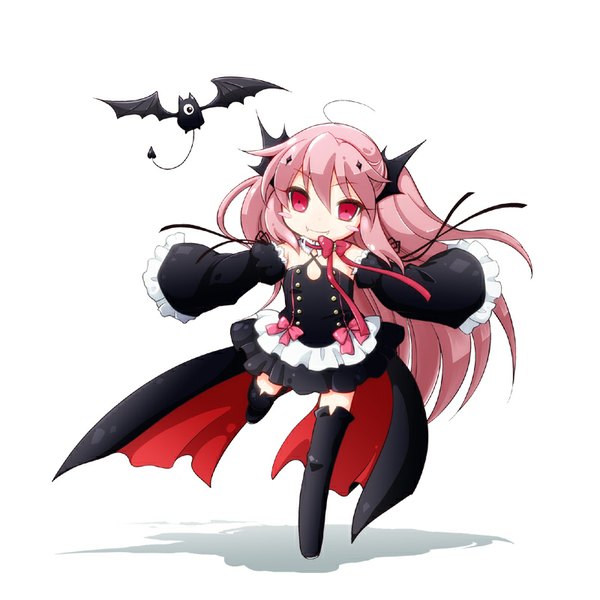 Anime picture 800x800 with owari no seraph wit studio kururu tepes arukanu looking at viewer blush simple background smile hair between eyes red eyes white background bare shoulders pink hair long sleeves very long hair wide sleeves shadow standing on one leg spread arms chibi