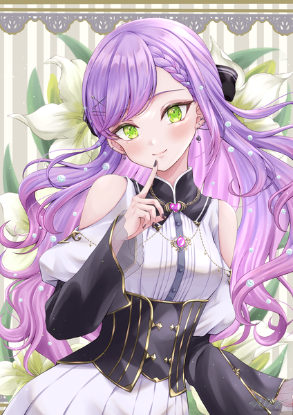 Anime picture 2894x4093 with virtual youtuber hololive tokoyami towa allymidorikawa single long hair tall image looking at viewer blush highres smile bare shoulders green eyes purple hair braid (braids) long sleeves nail polish head tilt alternate costume finger to mouth