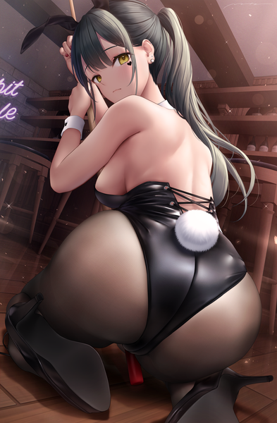 Anime picture 2894x4416 with original mhru single long hair tall image looking at viewer blush fringe highres breasts light erotic black hair large breasts signed animal ears yellow eyes payot full body ass ponytail