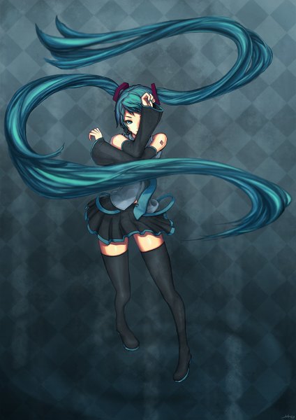 Anime picture 1000x1415 with vocaloid hatsune miku 7h2o single tall image twintails bare shoulders very long hair aqua hair zettai ryouiki girl thighhighs skirt black thighhighs detached sleeves miniskirt