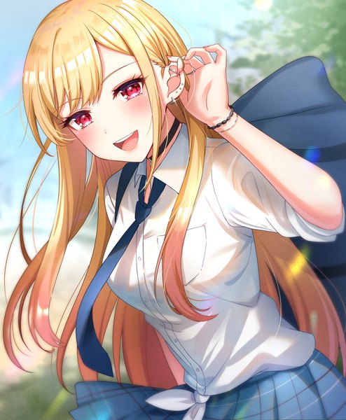 Anime picture 3804x4619 with sono bisque doll wa koi wo suru cloverworks kitagawa marin umishima rinta single long hair tall image looking at viewer blush highres open mouth blonde hair red eyes absurdres outdoors :d piercing adjusting hair ear piercing girl