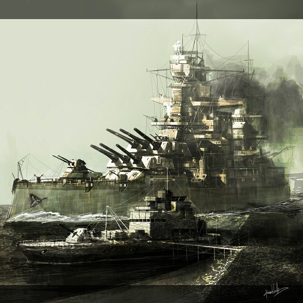Anime picture 1024x1024 with power black (pixiv) smoke weapon water sea gun watercraft ship