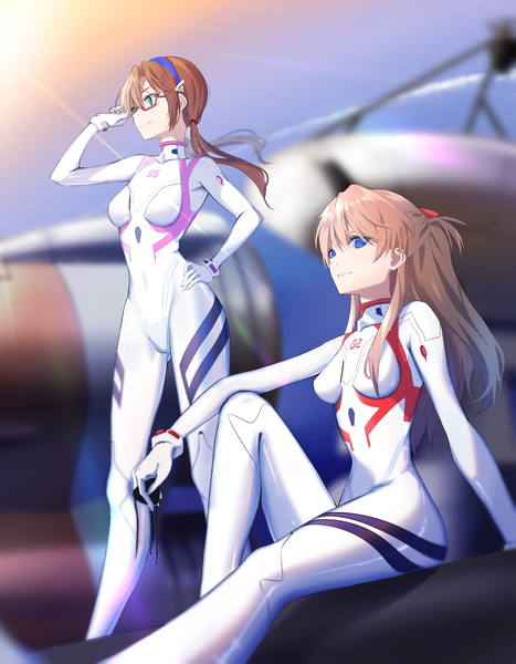 Anime picture 2882x3700 with neon genesis evangelion rebuild of evangelion evangelion: 3.0+1.0 thrice upon a time gainax soryu asuka langley shikinami asuka langley makinami mari illustrious kyo ka 6 long hair tall image highres blue eyes brown hair standing sitting twintails multiple girls looking away hand on hip low twintails