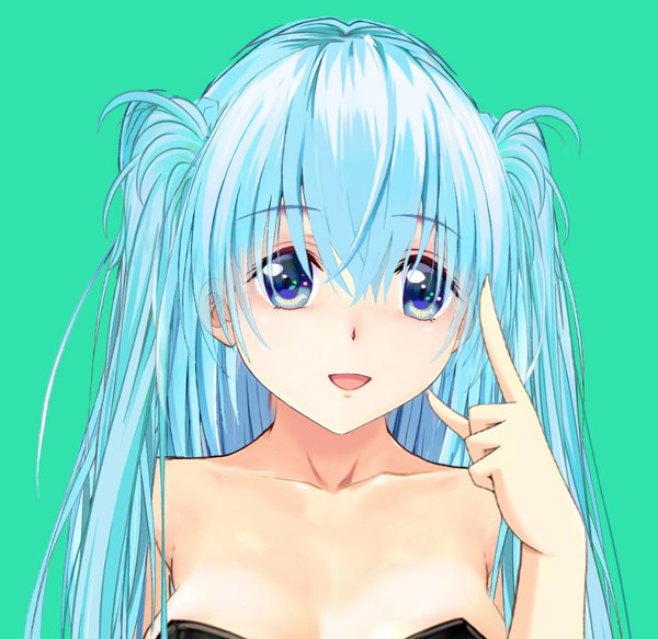 Anime picture 894x870 with vocaloid hatsune miku houkai single long hair looking at viewer fringe breasts open mouth blue eyes simple background smile hair between eyes standing bare shoulders payot blue hair cleavage upper body :d