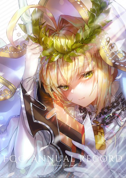 Anime picture 1417x2000 with fate (series) fate/extra fate/extra ccc nero claudius (fate) nero claudius (bride) (fate) emoillu single tall image looking at viewer fringe short hair blonde hair hair between eyes green eyes upper body ahoge sparkle girl wreath head wreath
