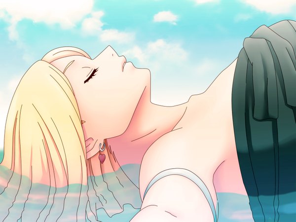 Anime picture 1500x1125 with fairy tail lucy heartfilia lchrno single long hair blonde hair bare shoulders sky cloud (clouds) lying eyes closed girl earrings