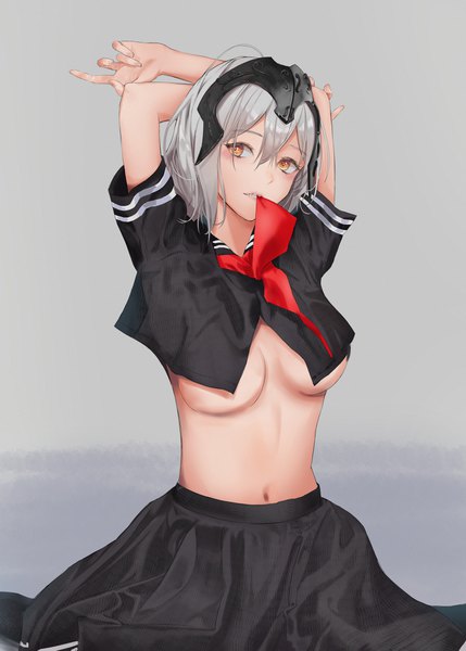 Anime picture 3000x4198 with fate (series) fate/grand order jeanne d'arc (fate) (all) jeanne d'arc alter (fate) jmin single tall image looking at viewer blush fringe highres short hair breasts light erotic simple background large breasts holding brown eyes silver hair head tilt