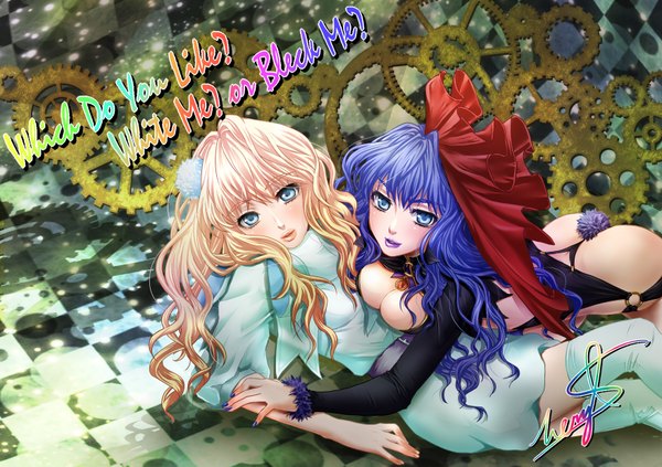 Anime picture 1756x1239 with macross macross frontier sheryl nome masami chie long hair highres blue eyes light erotic blonde hair multiple girls blue hair cleavage nail polish animal tail checkered floor bunny tail girl dress hair ornament bow