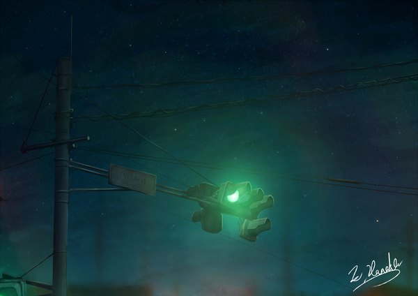 Anime picture 1200x848 with original alu.m (alpcmas) signed outdoors night depth of field night sky light no people star (stars) power lines traffic lights