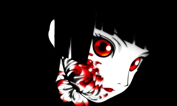 Anime picture 1919x1154 with hell girl studio deen enma ai fringe highres black hair red eyes wide image tattoo lipstick black background close-up face pale skin red lipstick makeup blending girl flower (flowers) higanbana