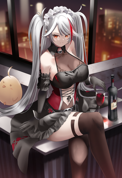 Anime picture 1450x2112 with azur lane manjuu (azur lane) prinz eugen (azur lane) prinz eugen (kindred evening spirits) (azur lane) manjirou (manji illust) single long hair tall image looking at viewer fringe breasts light erotic red eyes large breasts sitting twintails bare shoulders white hair indoors parted lips