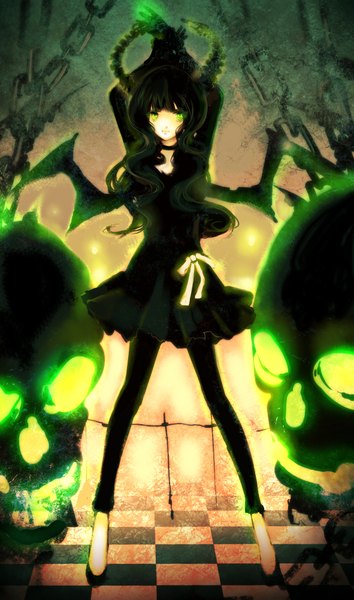 Anime picture 1181x2000 with black rock shooter dead master long hair tall image black hair standing green eyes horn (horns) arms up magic arms behind head checkered floor checkered girl dress wings black dress chain skull
