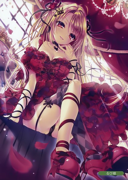 Anime picture 2477x3500 with original melonbooks rubi-sama single long hair tall image looking at viewer blush fringe highres light erotic blonde hair hair between eyes red eyes sitting signed hair flower scan arm support from below