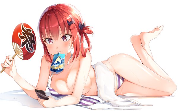 Anime picture 1200x753 with gabriel dropout doga kobo satanichia kurumizawa mcdowell shiero. single blush fringe short hair breasts light erotic simple background hair between eyes large breasts white background purple eyes holding bent knee (knees) red hair lying sweat