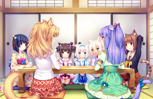 Anime picture 2370x1530 with neko paradise neko works (studio) vanilla (nekopara) chocola (nekopara) coconut (sayori) maple (sayori) cinnamon (sayori) azuki (sayori) minazuki shigure sayori long hair looking at viewer blush highres short hair open mouth blue eyes black hair blonde hair brown hair