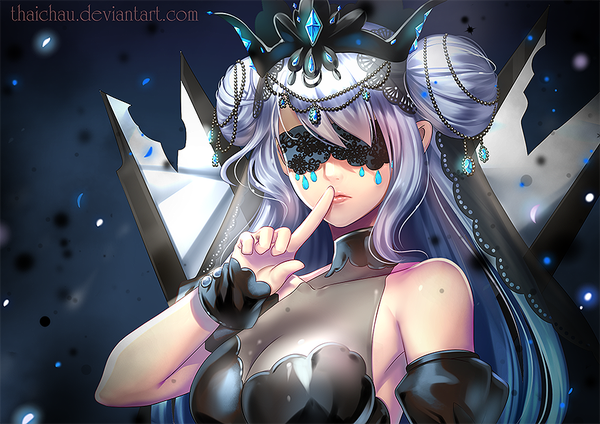 Anime picture 877x620 with original riiya (mabong1989) single long hair breasts light erotic simple background large breasts bare shoulders signed payot blue hair cleavage silver hair upper body lips hair bun (hair buns) finger to mouth blindfold girl